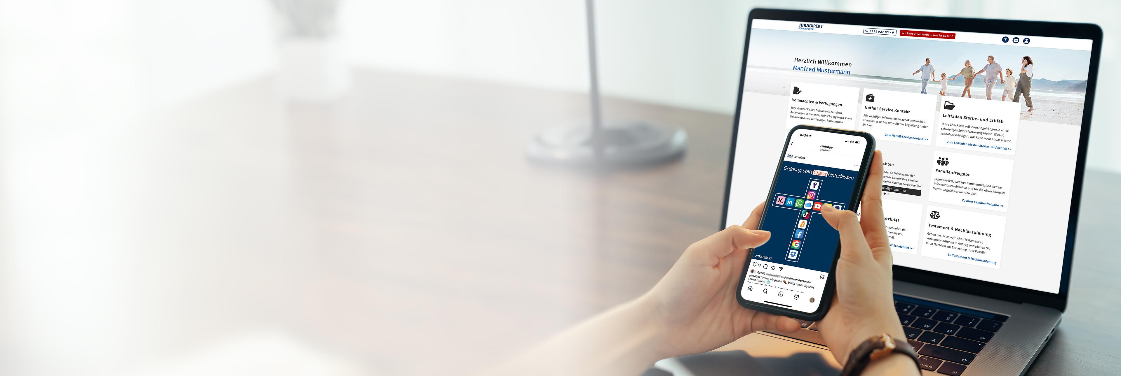 Ein Nutzer verwendet das Jura Direkt Servieportal auf seinem Laptop, und liest einen Post auf dem Jura Direkt Instagram-Account.